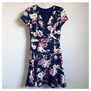 AQUA Black Floral Mini Faux Wrap Dress NWT